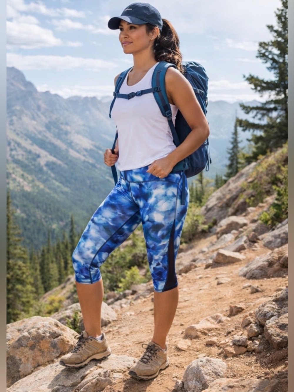 Lululemon Blue Abstract Print Crop Leggings Hidden Pocket Mesh Panels Size 6 - Picture 2 of 8
